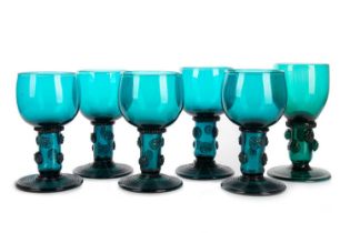 SET OF FIVE 19TH CENTURY GREEN GLASS ROEMERS AND A SIMILAR EXAMPLE, OF 17TH CENTURY DUTCH DESIGN