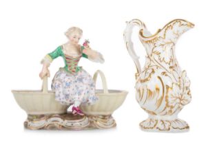 MEISSEN PORCELAIN FIGURE OF A LADY, AND A GILT JUG