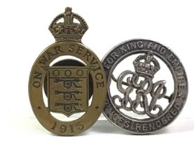 WWI CIVILIAN ‘ON WAR SERVICE’ BADGE, AND A SERVICES RENDERED BADGE