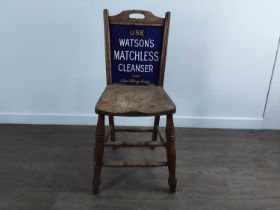 WATSON'S MATCHLESS CLEANSER, ENAMEL BACK ADVERTISMENT CHAIR, LATE 19TH CENTURY