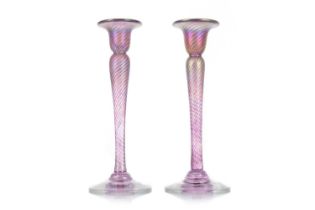 ROBERT HELD, PAIR OF IRIDESCENT ART GLASS CANDLESTICKS,