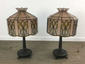 PAIR OF TIFFANY STYLE TABLE LAMPS AND SET OF THREE WALL SONCES, CONTEMPORARY