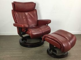 EKORNES, PAIR OF 'STRESSLESS' RECLINER SWIVEL ROCKERS, EACH WITH OTTOMAN