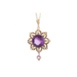 AMETHYST AND SEED PEARL PENDANT,