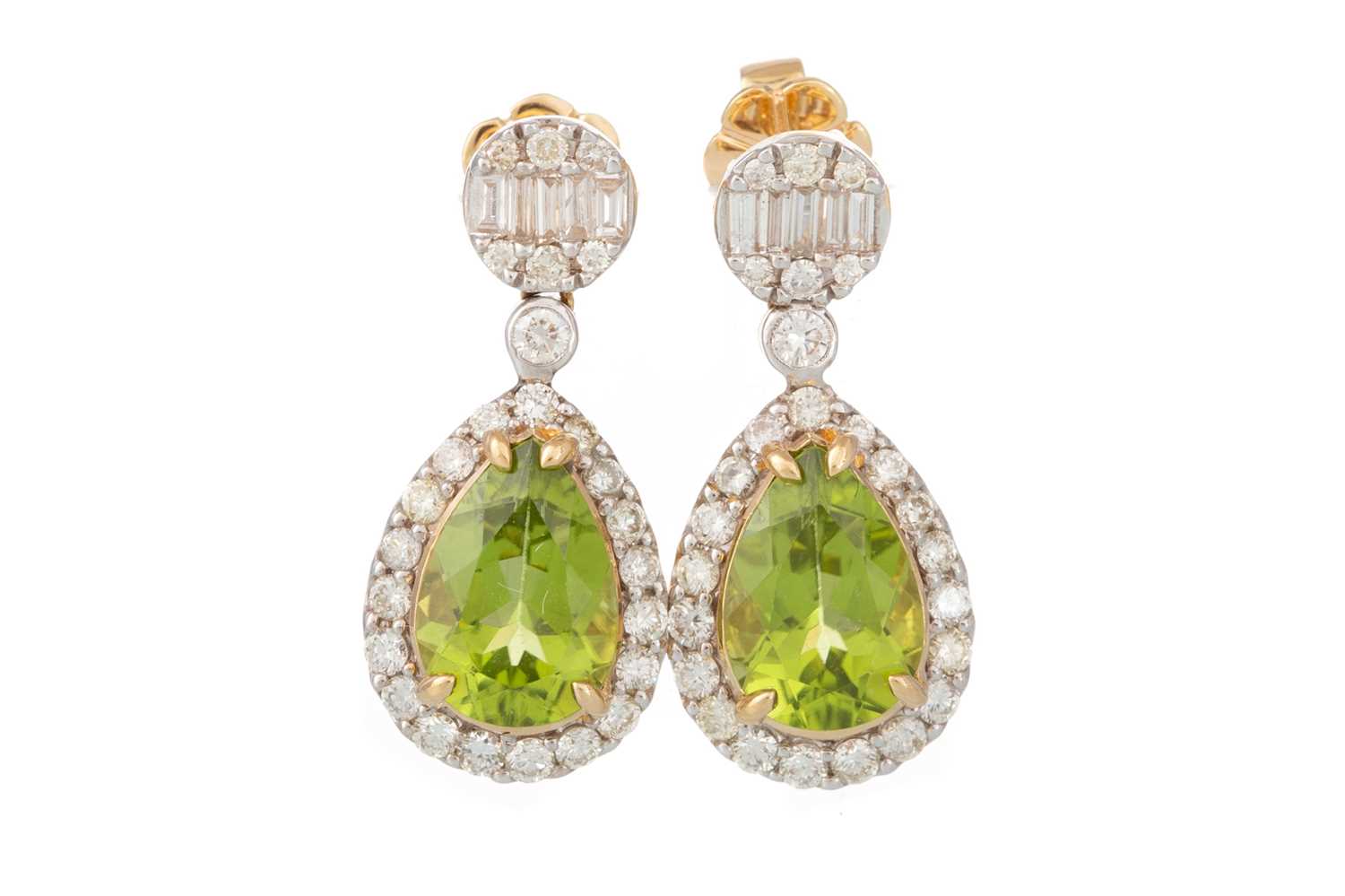 PAIR OF PERIDOT AND DIAMOND EARRINGS,