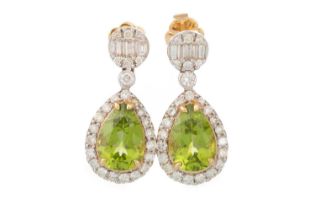 PAIR OF PERIDOT AND DIAMOND EARRINGS,