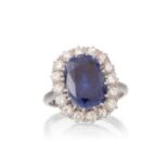 IMPRESSIVE UNHEATED CEYLON SAPPHIRE AND DIAMOND RING,