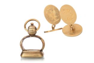 PAIR OF GOLD CUFFLINKS ALONG WITH A GOLD PLATED SEAL FOB,