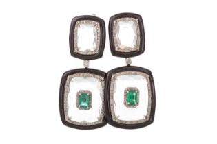 PAIR OF EMERALD AND DIAMOND DROP EARRINGS,