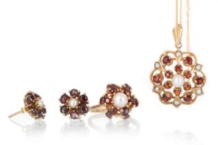 GARNET AND PEARL SUITE OF JEWELLERY,