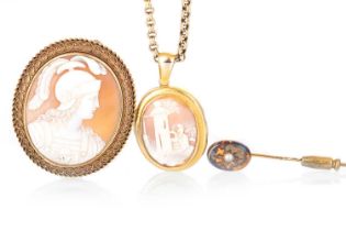 CAMEO BROOCH, PENDANT AND A STICK PIN,