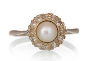 PEARL AND DIAMOND CLUSTER RING,