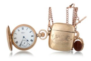 GOLD PLATED POCKET WATCH ALONG WITH GOLD CHAIN AND VESTA CASE,