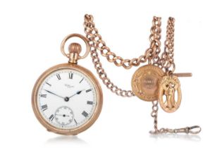 WALTHAM GOLD PLATED POCKET WATCH ALONG WITH NINE CARAT GOLD ALBERT CHAIN,