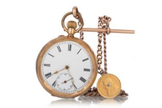 GOLD OPEN FACE POCKET WATCH WITH ALBERT CHAIN AND SOUTH AFRICAN HALF POND COIN,