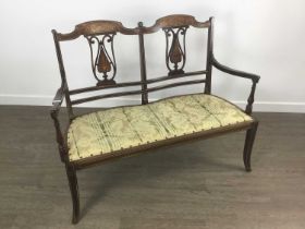 EDWARDIAN INLAID ROSEWOOD PARLOUR SETTEE, ALONG WITH MATCHING ARMCHAIR