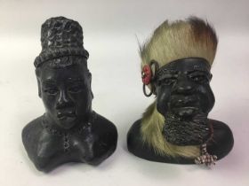TWO RHODESIAN BUSTS, AND A WOOD TRAY