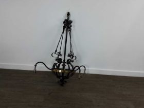 AESTHETIC MOVEMENT CHURCH WROUGHT IRON FOUR BRANCH CHANDELIER,
