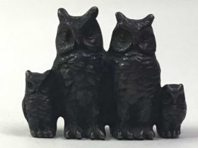 SMALL BRONZE OWL FAMILY, 20TH CENTURY