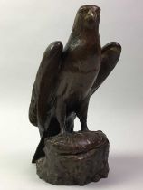 BRONZE RESIN SCULPTURE OF EAGLE, ALONG WITH FOUR FURTHER CERAMIC BIRDS