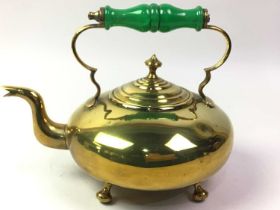 VICTORIAN BRASS TEA KETTLE, ALONG WITH PLATED ITEMS