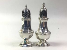 PAIR OF SILVER PEPPERETTES, ALONG WITH TWO FURTHER SILVER PEPPERETTES AND SILVER PLATED ITEMS