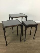 MAHOGANY NEST OF TABLES, ALONG WITH TWO SEWING TABLES