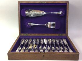 SET OF PLATED FISH KNIVES AND FORKS, WITH SERVERS, IN A FITTED OAK CASE