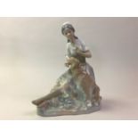 LLADRO FIGURE OF A GIRL WITH GOOSE, AND A NAO FIGURE OF A GIRL WITH A DOG