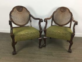 PAIR OF MAHOGANY CANE BACK ARMCHAIRS,