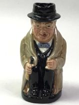 ROYAL DOULTON FIGURE OF SIR WINSTON CHURCHILL, AND TWO TOBY JUGS