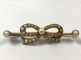 SEED PEARL BOW BAR BROOCH, AND A SAPPHIRE CLUSTER RING