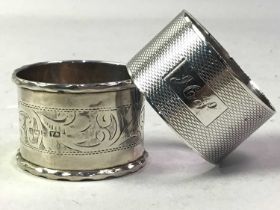 COMPOSITE SET OF SEVEN SILVER NAPKIN RINGS, AND OTHER ITEMS