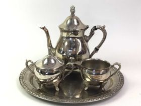 SILVER PLATED THREE PIECE TEA SERVICE AND TRAY, AND OTHER PLATED WARE