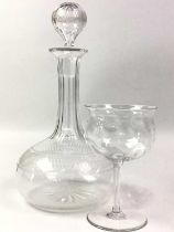VICTORIAN GLASS DECANTER, AND THREE GLASSES
