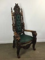 REPRODUCTION CARVED OAK 'THRONE' CHAIR,
