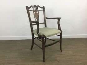 EDWARDIAN ROSEWOOD INLAID PARLOUR ARMCHAIR, AND A NEST OF THREE MAHOGANY TABLES