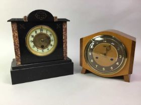 LATE VICTORIAN BLACK SLATE MANTEL CLOCK, AND ANOTHER CLOCK