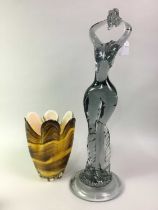 ITALIAN GLASS FIGURE OF A NUDE FEMALE, AND THREE GLASS VASES AND A CAITHNESS PAPERWEIGHT