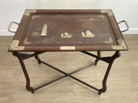 CHINESE HARDWOOD AND SILVER INLAID TWIN HANDLED TRAY ON STAND, LATE 19TH/EARLY 20TH CENTURY