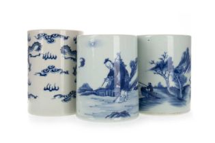 GROUP OF THREE CHINESE BLUE AND WHITE BRUSH POTS, 19TH AND 20TH CENTURY