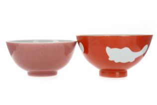 CHINESE ORANGE GLAZED BOWL, AND A CHINESE PINK GLAZE BOWL