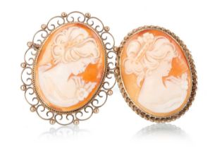 THREE CAMEO BROOCHES, ALONG WITH TWO VICTORIAN MOURNING BROOCHES