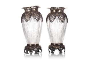 PAIR OF VICTORIAN SILVER MOUNTED CUT GLASS VASES, WILLIAM COMYNS & SONS, LONDON 1900