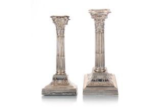 PAIR OF EDWARDIAN SILVER CORINTHIAN COLUMN CANDLESTICKS, JAMES DIXON & SONS, SHEFFIELD 1901