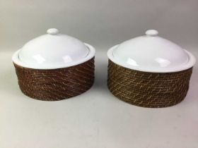 TWO CERAMIC CASSEROLE SERVING DISHES, ALONG WITH A PAN HOLDER AND GLASSES