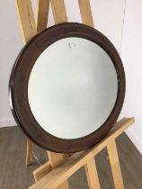 OVAL WALL MIRROR, AND A FRAMED WOOLWORK