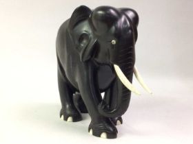 CARVED WOOD FIGURE OF AN ELEPHANT, AND OTHER ITEMS