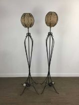 PAIR OF UPRIGHT WROUGHT METAL FLOOR LAMPS,