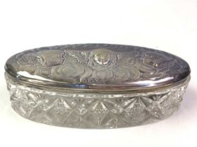 SILVER LIDDED GLASS DISH, AND A WHITE METAL LIDDED BOX